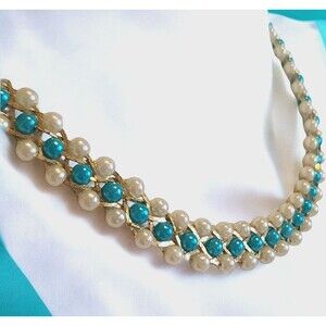 Vintage Flat Woven Faux Blue White Necklace Pearl Twisted Gold Tone Chain 16”